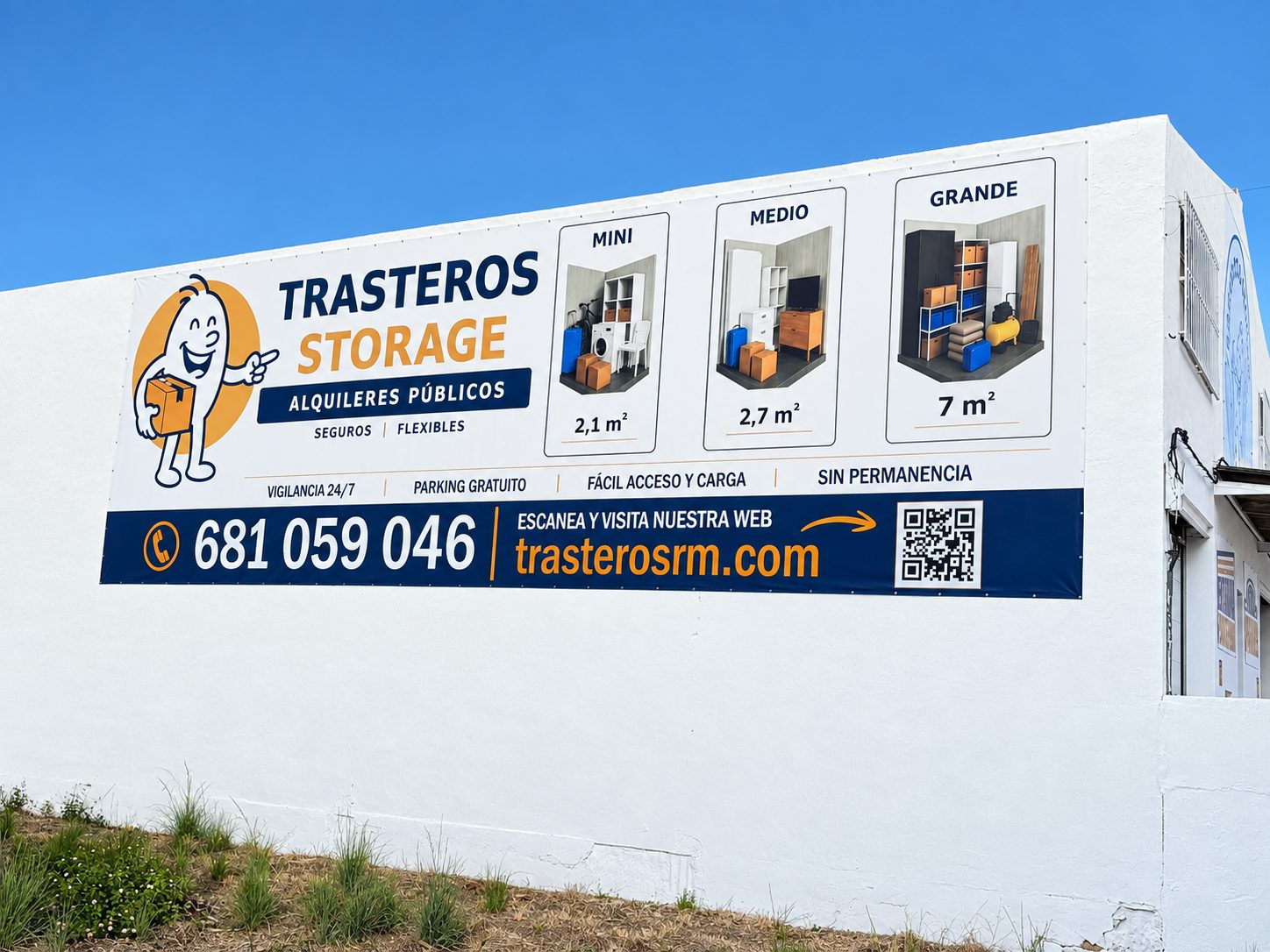 Lona exterior de Trasteros Storage con tamaños mini, medio y grande y teléfono 681 059 046